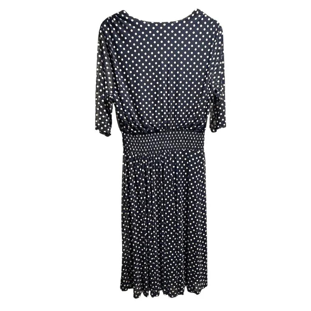 Kate & Lily Blue White Polka Dot V-Neck‎ Midi Dress Elbow-Length Sleeves Size 16